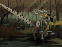 Size: 1600x1200 | Tagged: safe, artist:willoillo, oc, oc only, deer, fallout equestria, bandage, bandaged leg, birch tree, braid, commission, crepuscular rays, forest, gas mask, injured, mask, nature, solo, tree, tree stump, whitetail woods