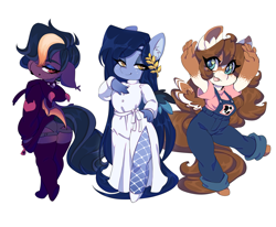 Size: 2835x2339 | Tagged: safe, artist:tolsticot, oc, oc only, oc:bea, oc:mabel, oc:tundra, bat pony, pegasus, anthro, unguligrade anthro, ass, bat pony oc, bedroom eyes, butt, choker, clothes, coat markings, dress, eyebrows, eyebrows visible through hair, female, fishnet stockings, floppy ears, freckles, hair over one eye, high res, hoodie, hot pants, laurel wreath, looking at you, looking back, mare, overalls, side slit, simple background, smiling, smiling at you, spiked choker, stockings, thigh highs, trio, white background