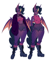 Size: 1969x2339 | Tagged: safe, artist:tolsticot, oc, oc only, oc:bea, bat pony, anthro, bat pony oc, belly button, black lipstick, boots, breasts, choker, clothes, daisy dukes, eyeshadow, female, hair over one eye, jacket, lidded eyes, lipstick, looking at you, makeup, mare, midriff, shirt, shoes, shorts, simple background, sleeveless, sleeveless shirt, small breasts, solo, spiked choker, tube top, white background, wide hips