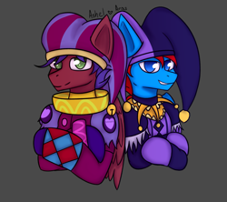 Size: 3083x2735 | Tagged: safe, artist:ashel_aras, oc, oc only, oc:kladro, oc:vodorod, pegasus, pony, clothes, commission, costume, duo, hat, high res, jester hat, jester outfit, ruff (clothing)