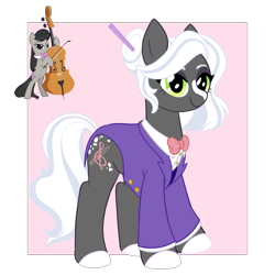 Size: 2400x2400 | Tagged: safe, artist:cckittycreative, octavia melody, earth pony, pony, g4, alternate design, bipedal, bowtie, cello, clothes, female, hair bun, high res, jacket, mare, musical instrument, simple background, smiling, solo, transparent background