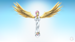 Size: 2560x1440 | Tagged: safe, artist:mysticalpha, fluttershy, angel, pegasus, anthro, unguligrade anthro, g4, clothes, female, flying, hands together, looking up, mare, robes, solo, spread wings, wings