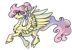 Size: 1070x747 | Tagged: safe, artist:mylittlegodzilla, fluttershy, pegasus, pony, g4, alternate hairstyle, alternate universe, chest fluff, ear fluff, female, neck fluff, simple background, smiling, solo, transparent background, unshorn fetlocks, wing fluff, wings