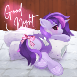 Size: 3616x3608 | Tagged: safe, artist:kanaetakano, artist:syu, oc, oc only, oc:dreaming bell, pony, unicorn, bow, butt, comfy, commission, cute, female, goodnight, hair bow, heart butt, high res, hooves, horn, looking at you, looking back, looking back at you, mare, pillow, plot, sleepy, solo, tail, tail bow, underhoof, unicorn oc