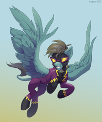 Size: 1001x1200 | Tagged: safe, artist:margony, oc, oc only, pegasus, pony, beard, clothes, costume, facial hair, flying, goggles, gradient background, grin, leonine tail, male, shadowbolts, shadowbolts costume, smiling, solo, spread wings, stallion, tail, wings