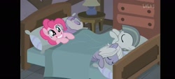 Size: 2400x1080 | Tagged: safe, screencap, limestone pie, marble pie, maud pie, pinkie pie, earth pony, pony, g4, hearthbreakers, bed, bilibili, drawer, lamp, siblings, sleeping, smiling