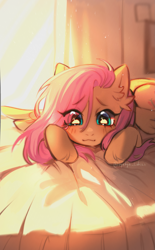 Size: 1545x2487 | Tagged: safe, artist:tyutya, fluttershy, pegasus, pony, g4, backlighting, bed, blushing, cozy, crepuscular rays, cute, ear fluff, eye clipping through hair, eyebrows, eyebrows visible through hair, fascinated, female, indoors, looking at you, lying down, mare, on bed, prone, shyabetes, signature, smiling, smiling at you, solo, sparkly eyes, sunny day, wingding eyes, wings