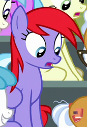 Size: 216x316 | Tagged: safe, screencap, fizzy candy, ruby redmane, pegasus, pony, g4, season 8, the washouts (episode), cropped, female, folded wings, looking down, mare, sitting, solo focus, surprised, wings