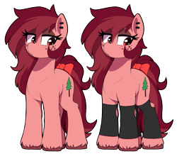 Size: 807x700 | Tagged: safe, artist:thebatfang, oc, oc only, oc:red woods, earth pony, pony, bow, clothes, ear piercing, earring, eyes open, eyeshadow, female, freckles, hockless socks, jewelry, leg warmers, makeup, mare, piercing, red eyes, reference, simple background, socks, solo, tail, tail bow, transparent background, unshorn fetlocks