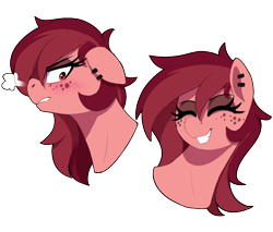 Size: 820x700 | Tagged: safe, artist:thebatfang, oc, oc only, oc:red woods, earth pony, pony, angry, ear piercing, earring, eyes open, eyeshadow, female, freckles, jewelry, makeup, mare, piercing, red eyes, reference, simple background, smiling, snorting, solo, transparent background