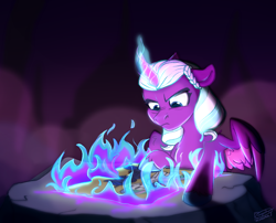 Size: 1310x1061 | Tagged: safe, artist:rutkotka, opaline arcana, princess celestia, princess luna, alicorn, fire alicorn, pony, g4, g5, envy, female, fire, glowing, glowing horn, horn, magic, magic aura, mare, royal sisters, siblings, sisters, solo, spread wings, wings