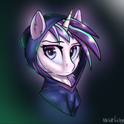 Size: 1400x1400 | Tagged: safe, artist:weiling, starlight glimmer, pony, unicorn, g4, bust, clothes, fanfic art, female, gradient background, horn, jumpsuit, mare, portrait, solo, sternocleidomastoid, vault suit