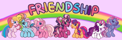 Size: 5700x1900 | Tagged: safe, artist:leopardsnaps, cheerilee (g3), pinkie pie (g3), rainbow dash (g3), scootaloo (g3), starsong, sweetie belle (g3), toola-roola, earth pony, pegasus, pony, unicorn, g3, g3.5, bipedal, core seven, group, heart, heart eyes, looking at each other, looking at someone, multicolored hair, rainbow, rainbow background, raised hoof, smiling, smiling at each other, starry eyes, style emulation, wingding eyes