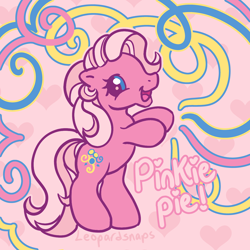 Size: 3000x3000 | Tagged: safe, artist:leopardsnaps, pinkie pie (g3), earth pony, pony, g3, g3.5, abstract background, bipedal, high res, multicolored hair, simple background, smiling, solo, style emulation