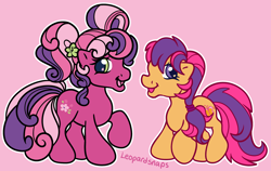 Size: 1900x1200 | Tagged: safe, artist:leopardsnaps, cheerilee (g3), scootaloo, scootaloo (g3), earth pony, pony, g3, g3.5, g4, duo, heart, heart eyes, multicolored hair, ponytail, raised hoof, simple background, smiling, starry eyes, style emulation, wingding eyes