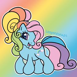 Size: 1200x1200 | Tagged: safe, artist:leopardsnaps, rainbow dash (g3), earth pony, pony, g3, g3.5, gradient background, heart, heart eyes, multicolored hair, rainbow, rainbow background, rainbow hair, smiling, solo, style emulation, wingding eyes