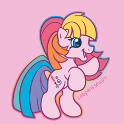 Size: 1200x1200 | Tagged: safe, artist:leopardsnaps, toola-roola, earth pony, pony, g3, g3.5, bipedal, heart, heart eyes, multicolored hair, rainbow hair, raised hoof, simple background, smiling, solo, style emulation, wingding eyes