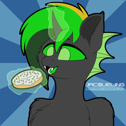 Size: 1500x1500 | Tagged: safe, artist:jacqueling, oc, oc:emerald ink, changeling, semi-anthro, chest fluff, cute, donut, food, green changeling, human shoulders, male, shoulder fluff, solo