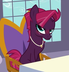 Size: 781x815 | Tagged: safe, artist:princess.book.horse.x, tempest shadow, pony, unicorn, g4, blank flank tempest, blushing, broken horn, chair, embarrassed, female, horn, jewelry, mare, older, older tempest shadow, ring, scar, show accurate, sitting, solo, table, tsundere, window, wrinkles