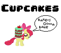 Size: 775x684 | Tagged: safe, artist:polygonical, artist:purplefairy456, edit, apple bloom, earth pony, pony, call of the cutie, g4, season 1, 8-bit, cake, carrying, cupcake song, female, filly, foal, food, game boy, haters gonna hate, meme, simple background, solo, song cover, speech bubble, vector, white background