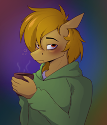 Size: 2489x2900 | Tagged: safe, artist:luxsimx, oc, oc:dozer, earth pony, anthro, clothes, coffee, high res, male, solo, sweater, tired
