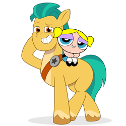 Size: 1920x1920 | Tagged: safe, artist:grapefruit-face, hitch trailblazer, earth pony, human, pony, g5, my little pony: tell your tale, bubbles (powerpuff girls), crossed legs, crossover, duo, hoof on head, lidded eyes, looking at you, male, pose, simple background, stallion, the powerpuff girls, transparent background