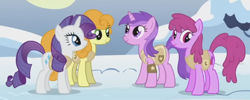 Size: 580x231 | Tagged: safe, screencap, amethyst star, berry punch, berryshine, carrot top, golden harvest, rarity, sparkler, earth pony, pony, unicorn, g4, season 1, winter wrap up, animal team, cropped, female, group, mare, quartet, snow, standing, winter wrap up vest