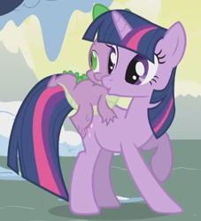 Size: 440x484 | Tagged: safe, screencap, spike, twilight sparkle, dragon, pony, unicorn, g4, season 1, winter wrap up, cropped, dragons riding ponies, duo, female, looking back, male, mare, raised hoof, riding, spike riding twilight, standing, turned head, unicorn twilight