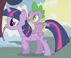Size: 605x493 | Tagged: safe, screencap, spike, twilight sparkle, dragon, pony, unicorn, g4, season 1, winter wrap up, cropped, cute, dragons riding ponies, duo, female, looking left, male, mare, raised hoof, riding, spike riding twilight, standing, twiabetes, unicorn twilight