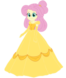 Size: 1280x1509 | Tagged: safe, artist:qsky, fluttershy, human, equestria girls, g4, alternate hairstyle, belle, clothes, dress, evening gloves, female, gloves, gown, long gloves, princess costume, simple background, smiling, solo, transparent background