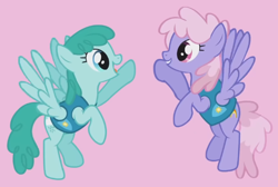 Size: 628x421 | Tagged: safe, screencap, rainbowshine, spring melody, sprinkle medley, pegasus, pony, g4, season 1, winter wrap up, cropped, duo, female, flying, grin, high five, looking at each other, looking at someone, mare, open mouth, ponies standing next to each other, rainbowdorable, smiling, sprinklebetes, weather team, winter wrap up vest