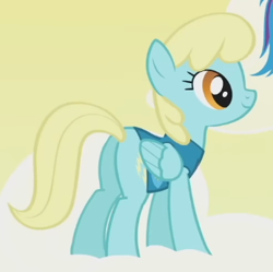 Size: 346x344 | Tagged: safe, screencap, rainbow dash, sassaflash, pegasus, pony, g4, season 1, winter wrap up, butt, cloud, cropped, female, folded wings, mare, offscreen character, on a cloud, plot, sassabetes, smiling, solo focus, standing on a cloud, weather team, wings, winter wrap up vest