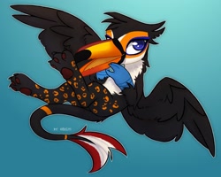 Size: 2048x1638 | Tagged: safe, artist:shelti, oc, oc only, oc:tristão, bird, griffon, toco toucan, toucan, toucan griffon, beak, claws, commission, gradient background, looking at you, male, open beak, open mouth, paw pads, paws, signature, solo, spots, spread wings, talons, wings