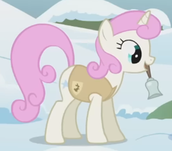 Size: 303x267 | Tagged: safe, screencap, twinkleshine, pony, unicorn, g4, season 1, winter wrap up, adorableshine, animal team, bell, cropped, cute, female, mare, mouth hold, smiling, snow, solo, standing, winter wrap up vest