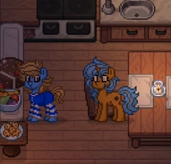 Size: 1370x1311 | Tagged: safe, oc, oc only, oc:blue cookie, oc:krispy cookie, earth pony, pony, unicorn, pony town, cake, candle, clothes, cookie, earth pony oc, food, fruit, horn, pajamas, pixel art, sink, stove, table, unicorn oc