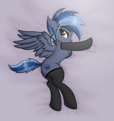 Size: 1668x1772 | Tagged: safe, artist:maxiclouds, oc, oc only, oc:pixi feather, pegasus, pony, bedsheets, black socks, blushing, chest fluff, clothes, eyelashes, looking at you, pegasus oc, socks, spread wings, stockings, thigh highs, wings, yellow eyes