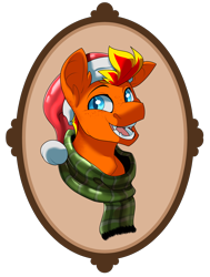 Size: 3204x4240 | Tagged: safe, artist:parrpitched, oc, oc only, oc:fireheart(fire), bat pony, pony, bat pony oc, bust, christmas, clothes, cute, hat, holiday, latex, latex hat, latex scarf, portrait, prisoners of the moon, rubber, rubber hat, rubber scarf, santa hat, scarf, simple background, solo, striped scarf, transparent background