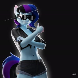 Size: 2048x2048 | Tagged: dead source, safe, artist:kenaga, oc, oc:maple cake, earth pony, anthro, 3d, belly button, black background, clothes, collar, denim, denim shorts, earth pony oc, female, fingernails, front knot midriff, high res, johnny cage, looking at you, midriff, mortal kombat, mortal kombat 1, nail polish, not sfm, pockets, short sleeves, shorts, simple background, smiling, smiling at you, solo, sunglasses, thumbs up