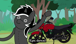 Size: 1211x700 | Tagged: safe, artist:alexito_b7, oc, oc only, pony, unicorn, dancing, forest, male, meme, motorcycle, nature, solo, tree
