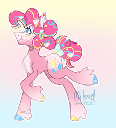 Size: 2408x2651 | Tagged: safe, artist:mitexcel, pinkie pie, earth pony, pony, g4, alternate design, blue eyes, bracelet, concave belly, cute, female, gradient background, high res, jewelry, mare, pink coat, pink mane, poofy mane, redesign, solo