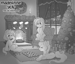 Size: 3269x2778 | Tagged: safe, artist:madelinne, black and white, candle, chair, checkers, christmas, christmas tree, christmas wreath, commission, fire, fireplace, grayscale, high res, holiday, lying down, monochrome, night, present, sitting, sketch, snow, snowfall, tree, window, wreath, your character here