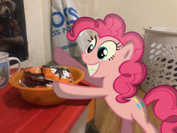 Size: 828x621 | Tagged: safe, artist:mlptmntfan2000, pinkie pie, earth pony, pony, g4, bipedal, bowl, candy, female, food, irl, photo, solo