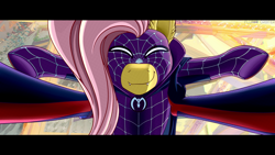 Size: 2560x1440 | Tagged: safe, artist:fluffyorbiter, edit, edited screencap, screencap, fluttershy, mare do well, human, pegasus, pony, g4, ^^, crossover, cute, cute little fangs, eyes closed, fangs, female, hand, holding a pony, mare, marvel, miles morales, offscreen character, pov, smiling, solo focus, spider-man, spider-man: across the spider-verse, spider-man: into the spider-verse, spider-pony, superhero, superhero costume