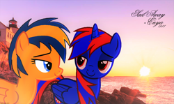 Size: 3037x1809 | Tagged: safe, artist:stephen-fisher, oc, oc only, oc:flare spark, oc:stephen (stephen-fisher), alicorn, pegasus, pony, g4, alicorn oc, enya, female, horn, irl, male, photo, sail away (enya), smiling, song reference, sunset, wings