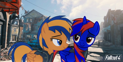 Size: 1782x898 | Tagged: safe, artist:stephen-fisher, oc, oc only, oc:flare spark, oc:stephen (stephen-fisher), alicorn, pegasus, pony, fallout equestria, g4, city, fallout, fallout 4, female, looking at each other, looking at someone, male, smiling, wasteland