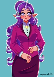 Size: 2100x3000 | Tagged: safe, artist:mylittleyuri, starlight glimmer, human, g4, the last problem, alternate hairstyle, blue background, blushing, clothes, cute, elf ears, female, glimmerbetes, high res, horn, horned humanization, humanized, nail polish, shirt, simple background, skirt, solo, suit