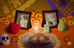 Size: 3500x2284 | Tagged: safe, artist:sweetielover, bright mac, pear butter, earth pony, pony, g4, altar, altar de muertos, apple, bread, calaverita (sugar skull), candle, cempasúchil, collar, decoration, dia de los muertos, female, flower, food, high res, male, mare, pan de muerto, pear, pear jam, petals, plate, sepia, skull, stallion, sugar skull