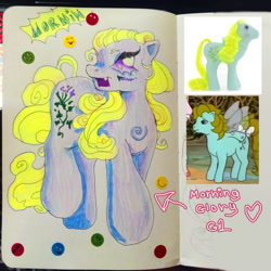 Size: 1280x1280 | Tagged: safe, artist:larvaecandy, morning glory, flutter pony, pony, g1, cute, female, mare, morningdorable, race swap, solo, traditional art, wingless