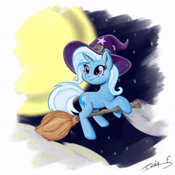Size: 1280x1280 | Tagged: safe, artist:memprices, trixie, pony, unicorn, children of the night, g4, animated, broom, clip studio paint, clothes, flying, flying broomstick, hat, moon, music, pencil drawing, smiling, solo, sound, speedpaint, starry night, time-lapse, traditional art, trixie's hat, video, watercolor painting, webm, witch costume, witch hat