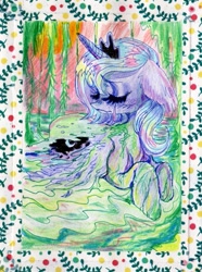 Size: 743x1000 | Tagged: safe, artist:larvaecandy, princess luna, alicorn, pony, g4, abstract background, alternate hair color, big ears, blue coat, blush scribble, blushing, crown, crying, ear fluff, eyelashes, eyes closed, eyeshadow, female, floppy ears, freckles, frown, horn, jewelry, long mane, lying down, makeup, mare, missing accessory, moss, prone, regalia, s1 luna, sad, solo, sparkles, spread wings, sunset, teardrop, text, thick eyelashes, tiara, traditional art, two toned mane, unicorn horn, water, wings, wings down